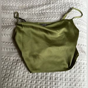 Olive green silk tan top; size medium.